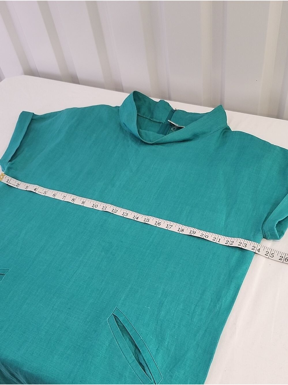 Private Collection Vintage Shift Dress Teal Short Sleeve 100% Linen 16 Art Deco - Picture 8 of 11